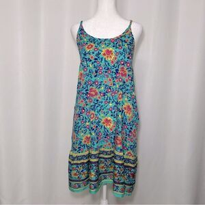 NWT QEARAL Women’s Size Small Dress Adj Spaghetti Straps Yellow Blue Floral Boho